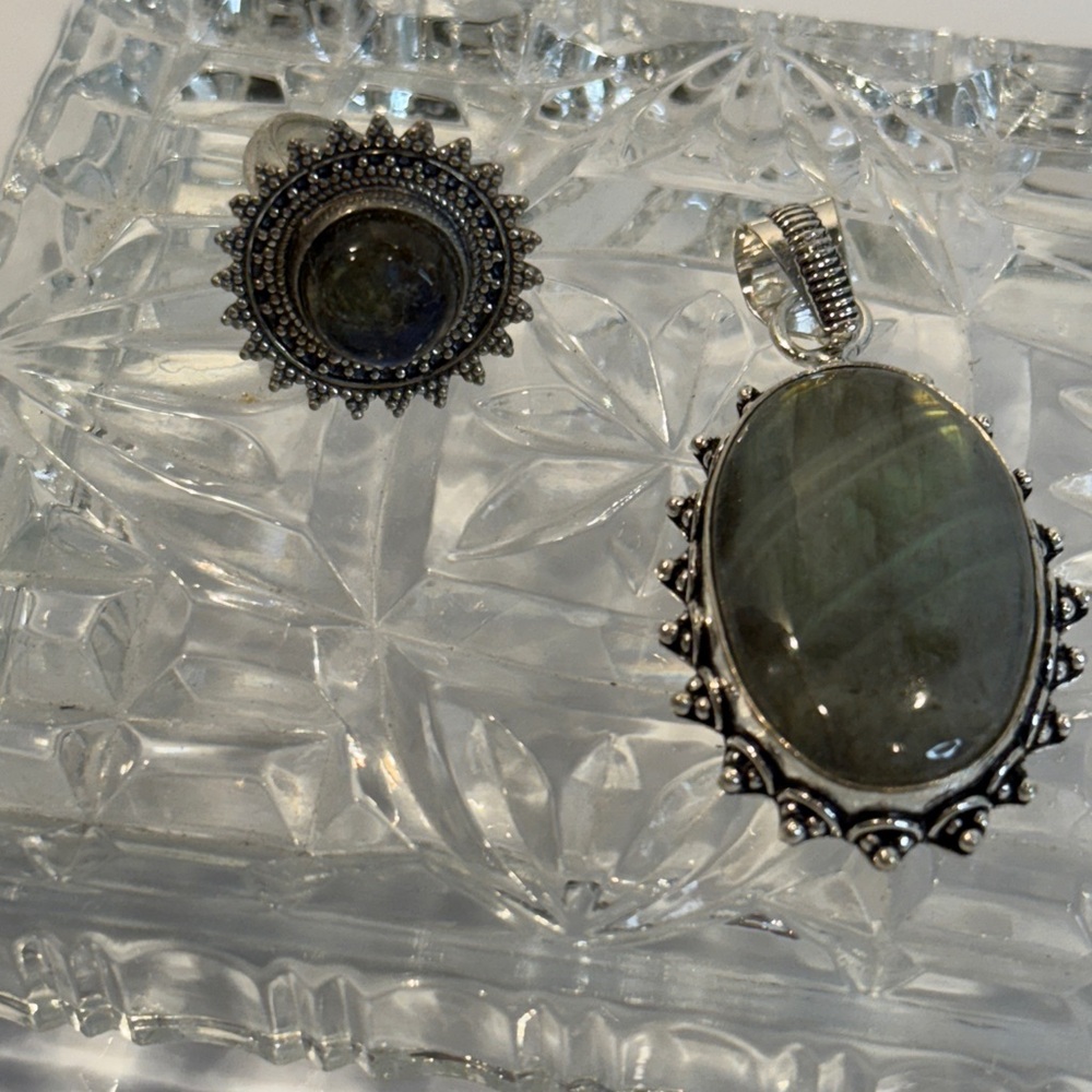 🆕 Natural Set Of Labradorite Gemstone Pendant And Ring 7 In Sterling Silver 🆕